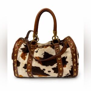 VINTAGE Brown and Cream Y2K Duffel Weekender Cow Print Gold Studded Faux Fur Bag